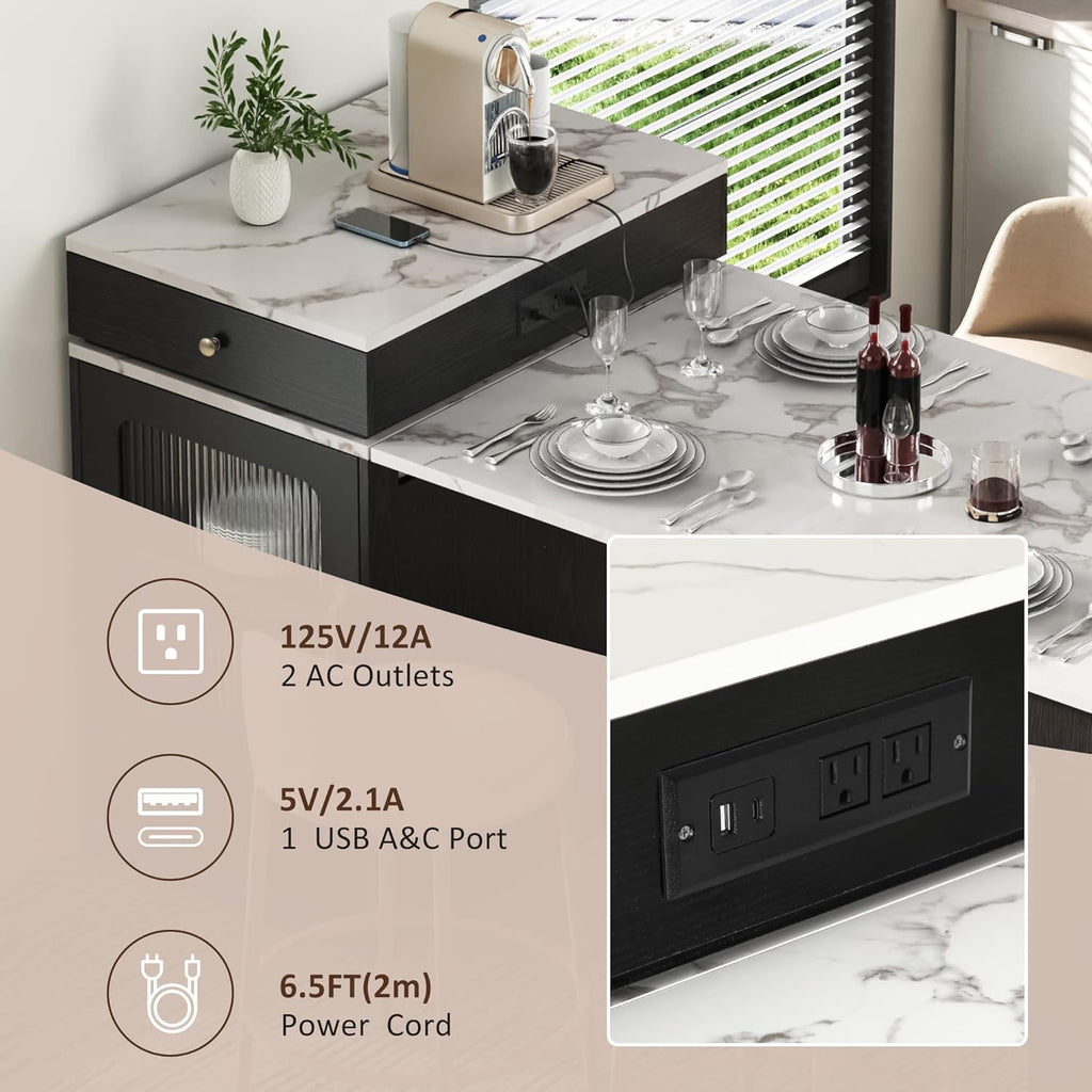 Virubi 59.5" Kitchen Island with Extendable Dining Table, Kitchen Storage Table with Double-Sided Storage & 2 Drawers, Power Outlet, Side Open Shelves, for Dining Room (Black3)