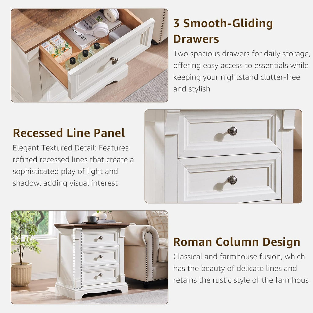 Farmhouse 26" Tall Nightstand with Charging Station 23.6"W Wood Side Table
