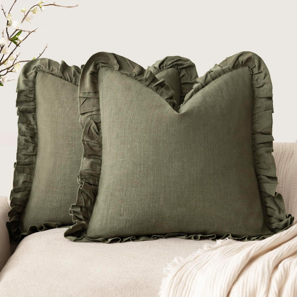 Foindtower Linen Fringe Ruffle Throw Pillow Covers 24×24 Inch Olive Green
