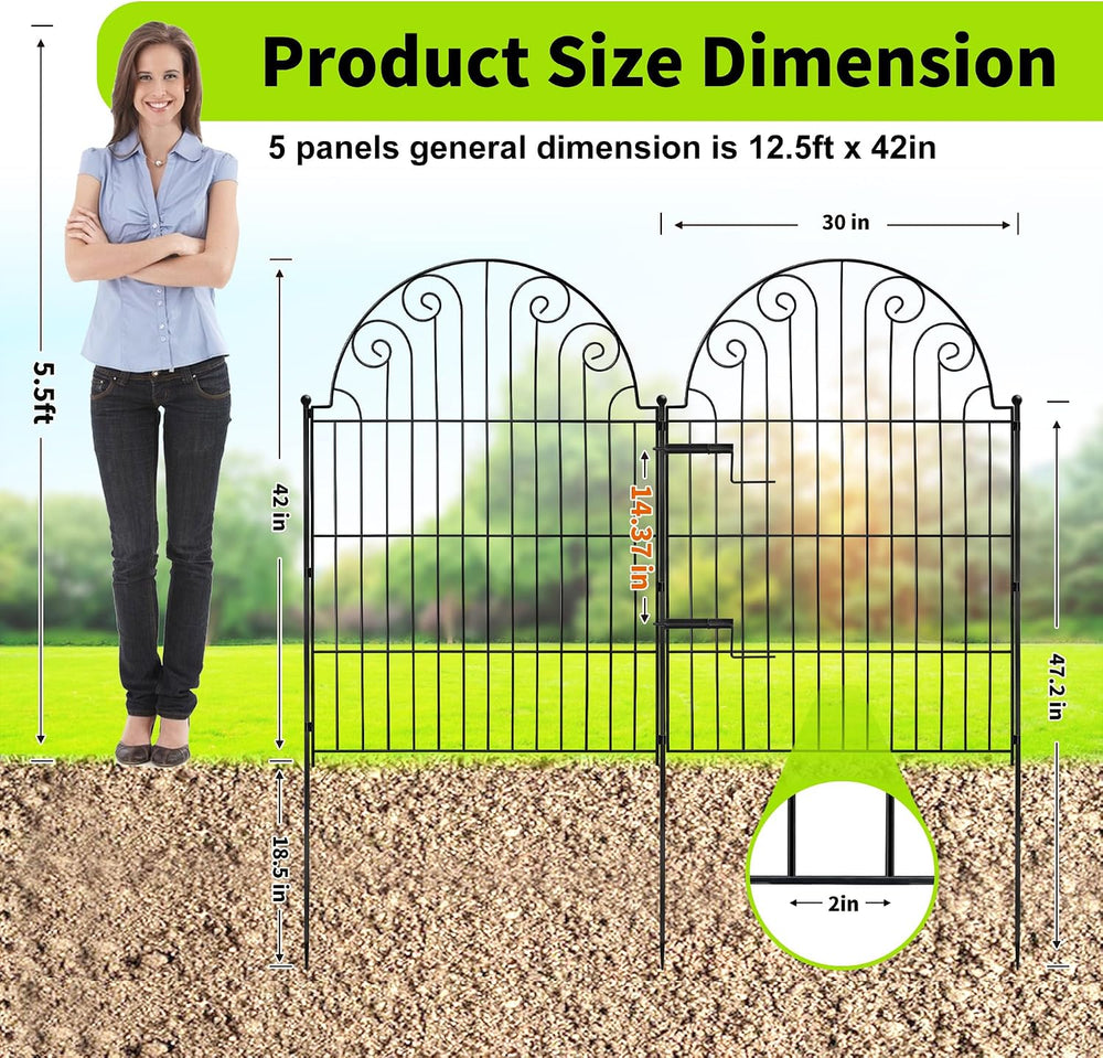 Garden Fence 5 Panels, 42 in H Above Ground, No Dig Metal Fence