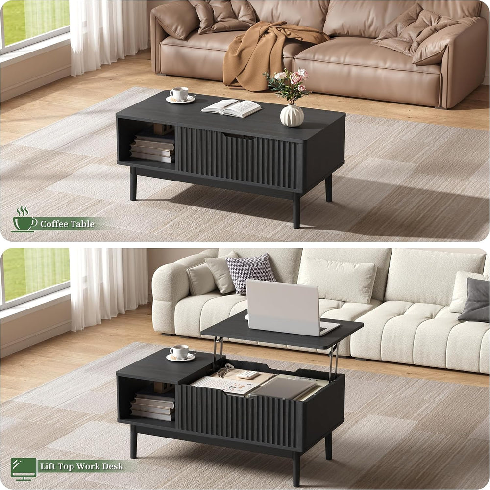 Fluted Lift Top Coffee Table with Storage, 37 Inch, Black
