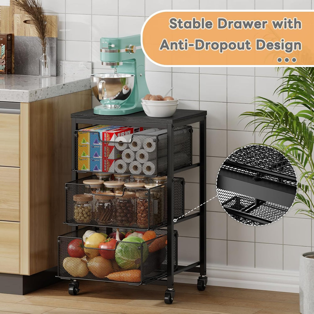 Pantry Organizer and Storage Cart, 3-Tier Kitchen Storage Cart with Drawer, F...