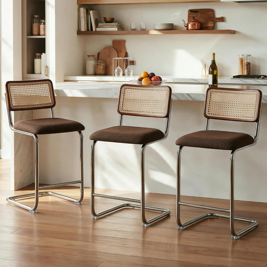 GrandNoor Natural Rattan Counter Height Stools Set of 3 with Solid Wood Back, 24 Inch Mid Century Modern Cesca Bar Stools, Brown Upholstery Boho Stool for Kitchen Counter with Chrome Metal Legs