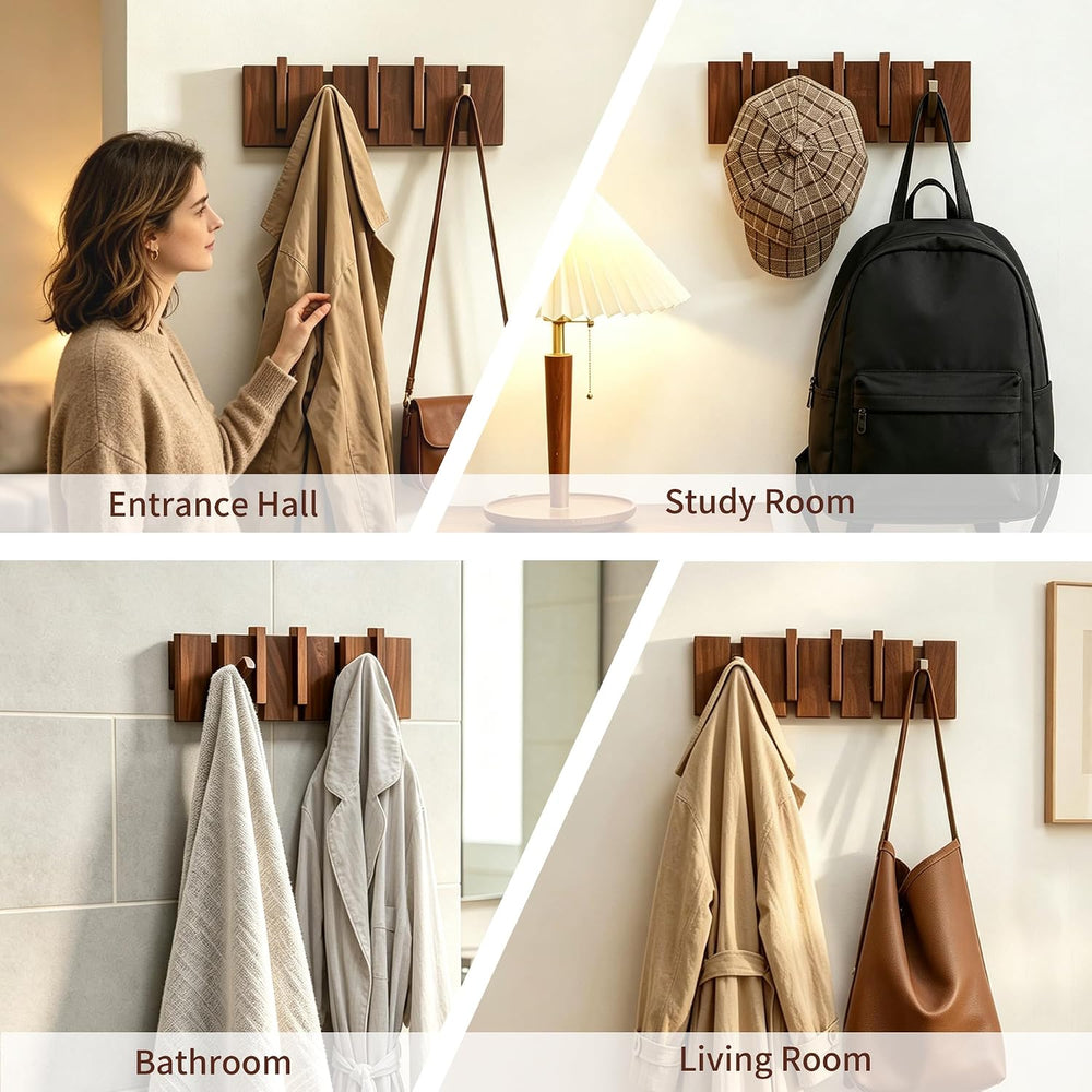 Coat Rack Wall Mount, Walnut 5 Flip-Down Picket Hanger Hooks for Entryway