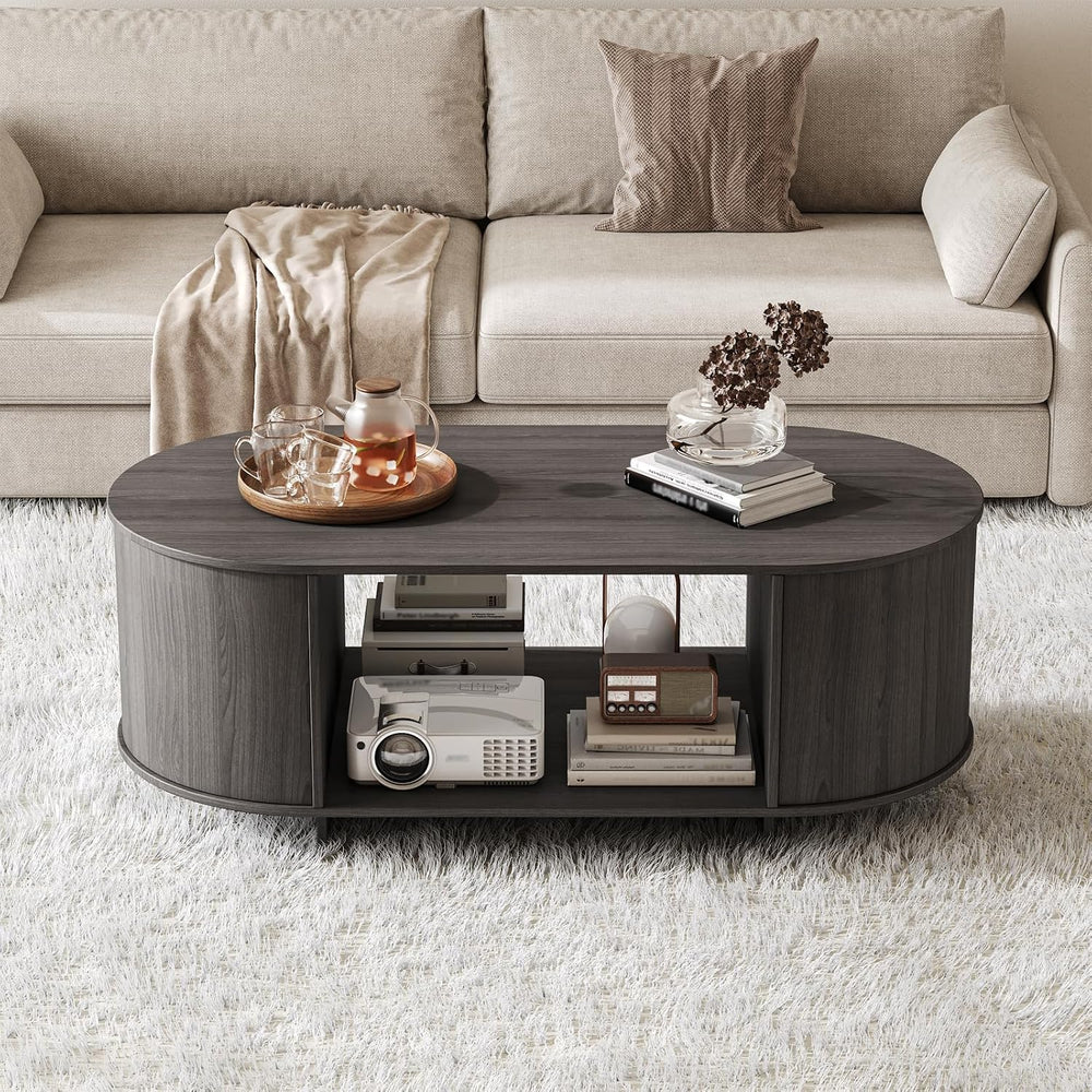 Modern Oval Coffee Table with Storage for Living Room, Grey
