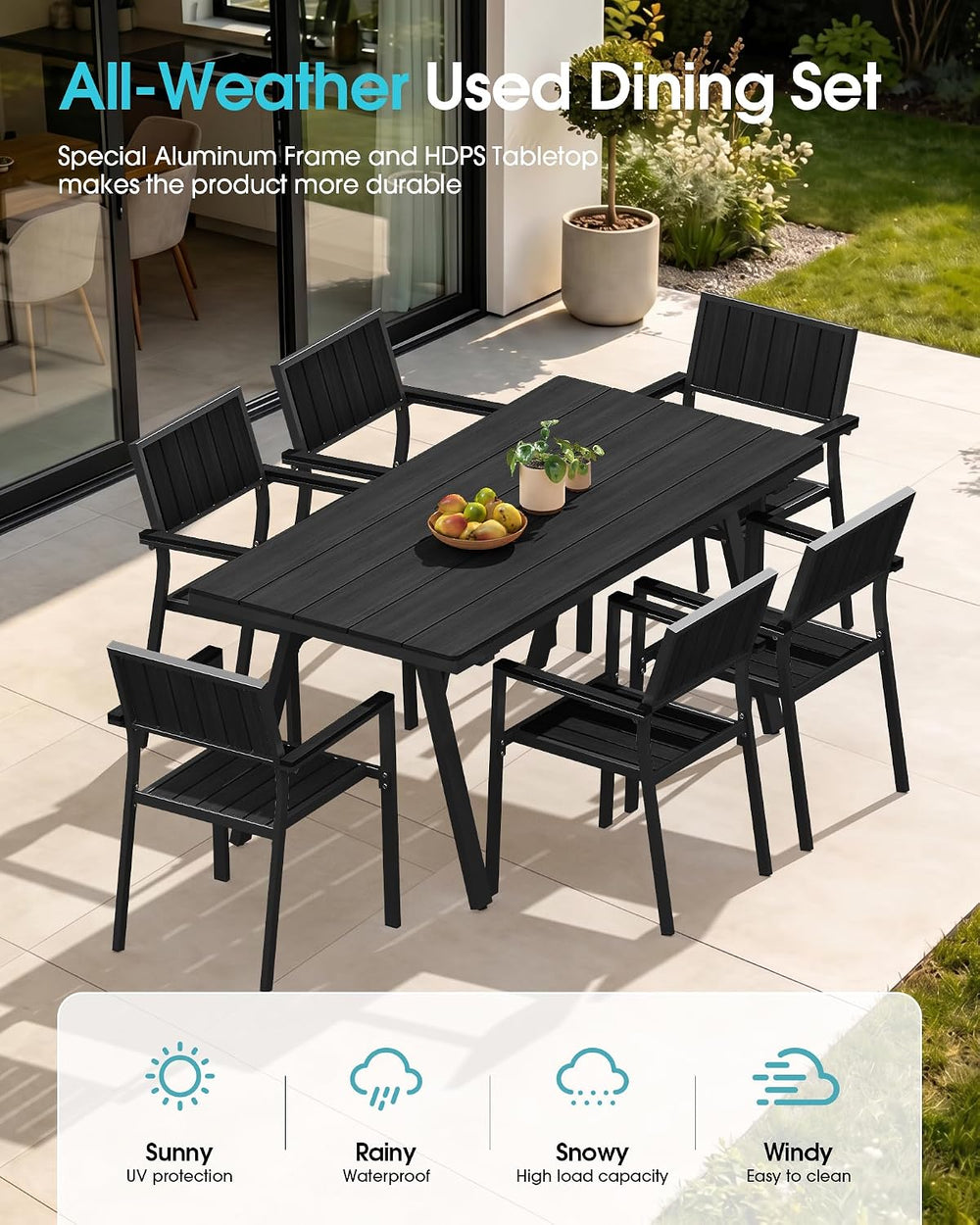 Aluminum Outdoor Dining Set of 6, Patio Table and Stackable Chairs, Black