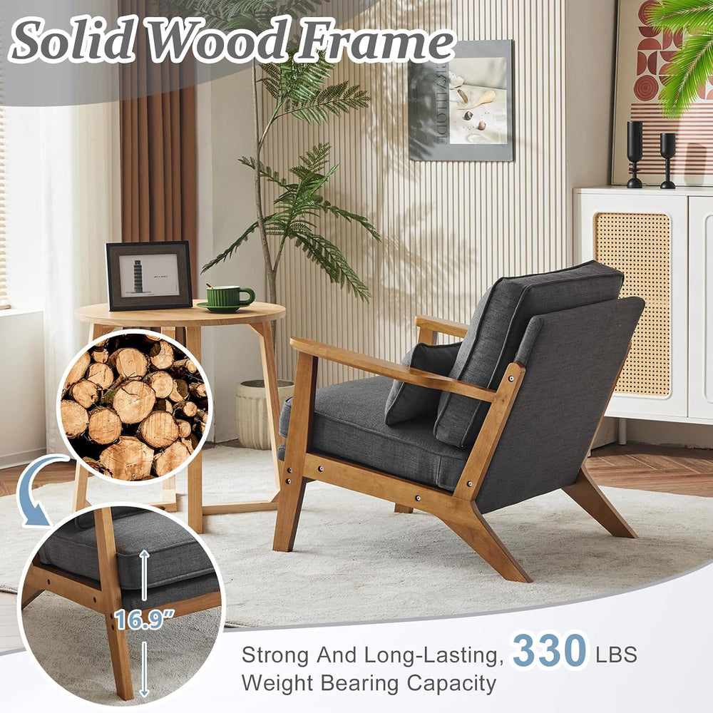 VINGLI Solid Wood Wide Armrests Accent Chair,Upholstered Mid Century Modern C...