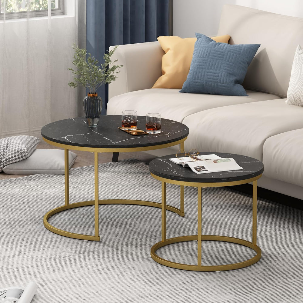27.56 inch Small Round Nesting Coffee Table Set of 2 for Living Room, Wood Gr...