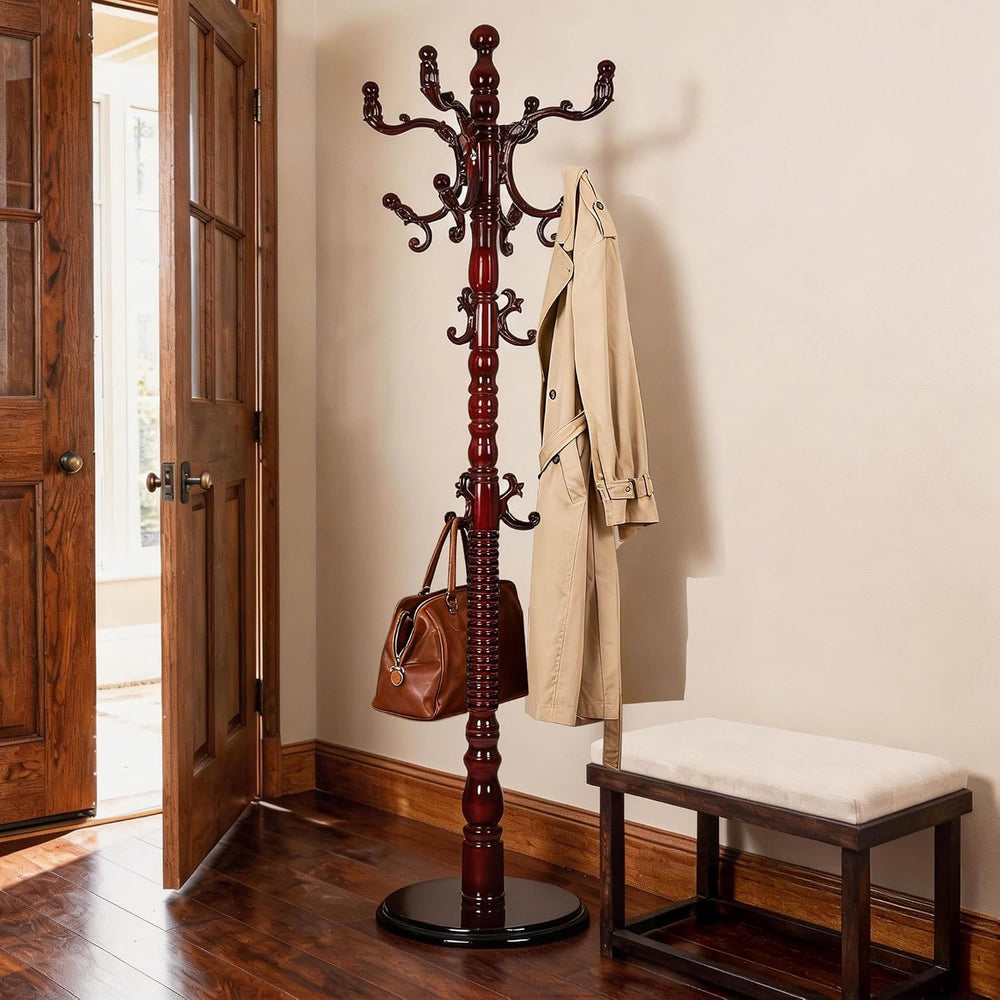 Wooden Coat Rack Freestanding Heavy Duty with 18 Hooks, Mahogany