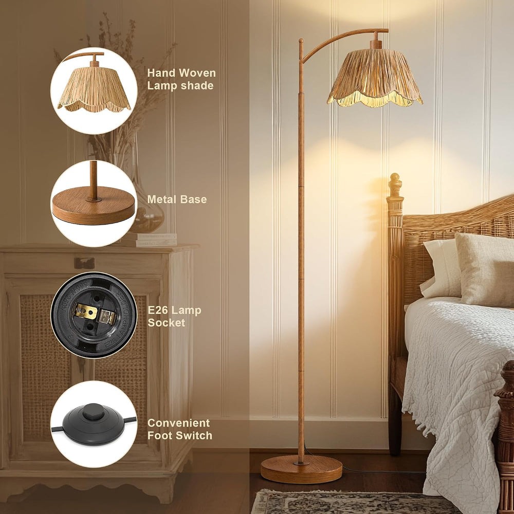 Oneach Rattan Floor Lamp for Bedroom, Boho Floor Lamp with Foot Switch, Farmh...