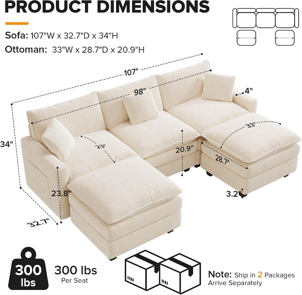 U Shaped Modular Sectional Sofa, 107" Cloud Couch with 2 Movable Ottomans