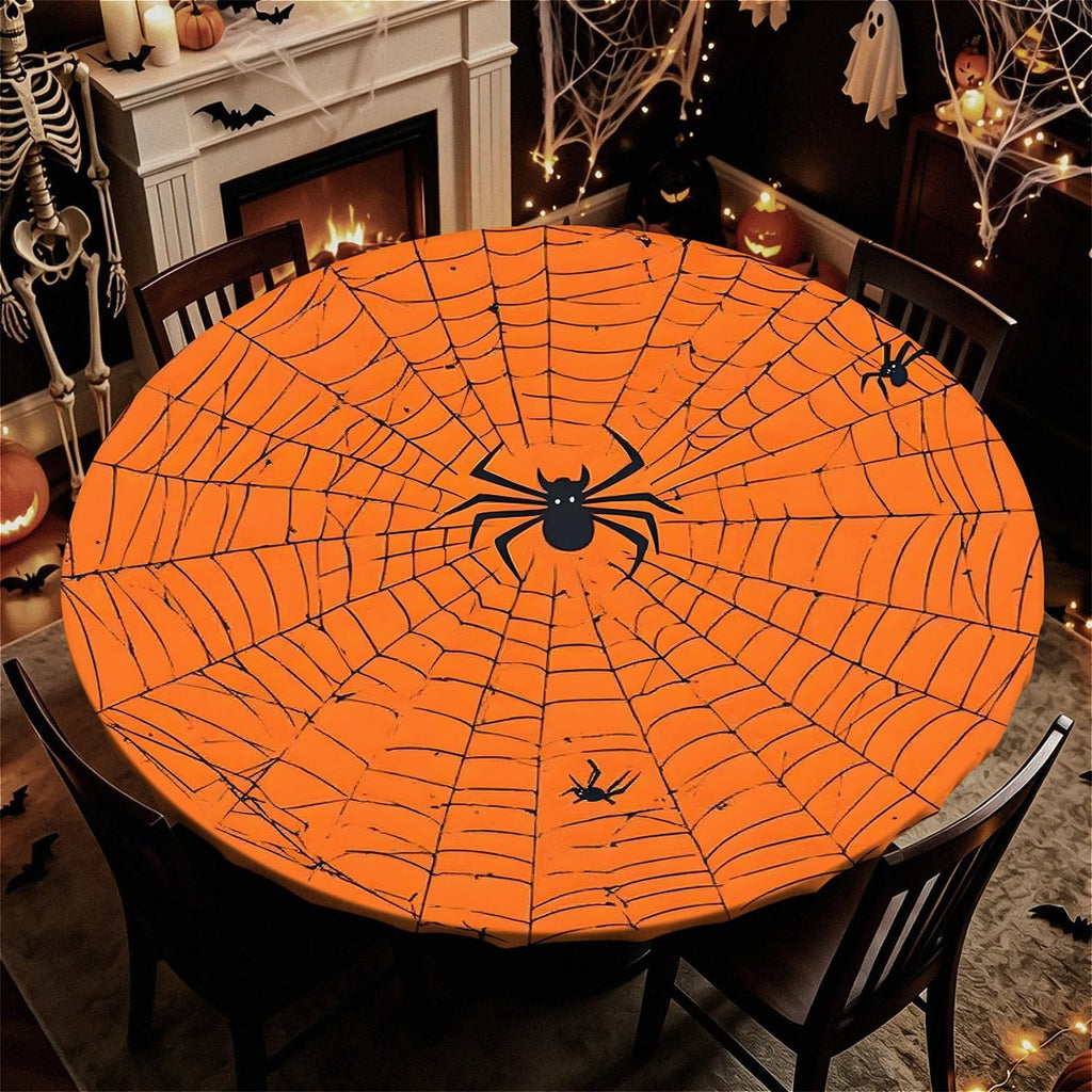 60 Inch Fall Round Waterproof Tablecloth for Dinner, Halloween Fitted Round Tablecloth with Elastic for Holiday