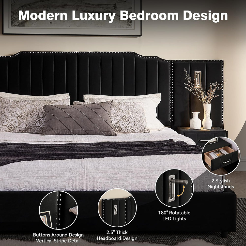 King Size Velvet Platform Bed with LED Lights and Nightstands, Black