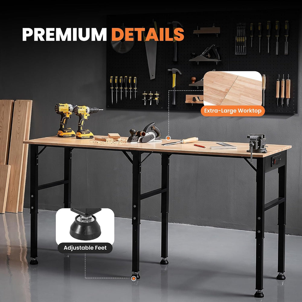 OLBRUS 68'' Adjustable Workbench with Power Outlet, Heavy Duty Work B...