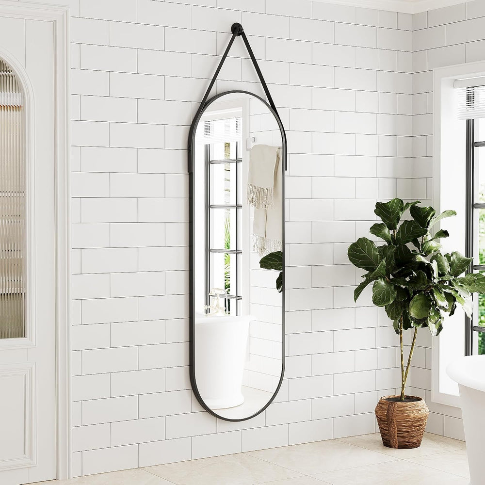 Full Length Mirror Wall Mounted, 48"x16" Oval Hanging Mirror (Black)