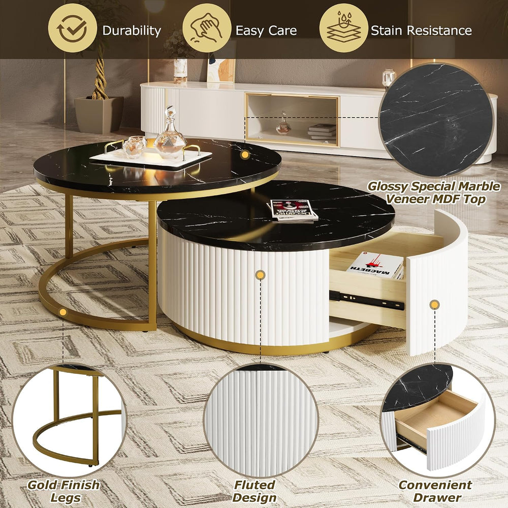 Modern Round Nesting Coffee Table Fluted with Drawer in Black & Gold in 3...