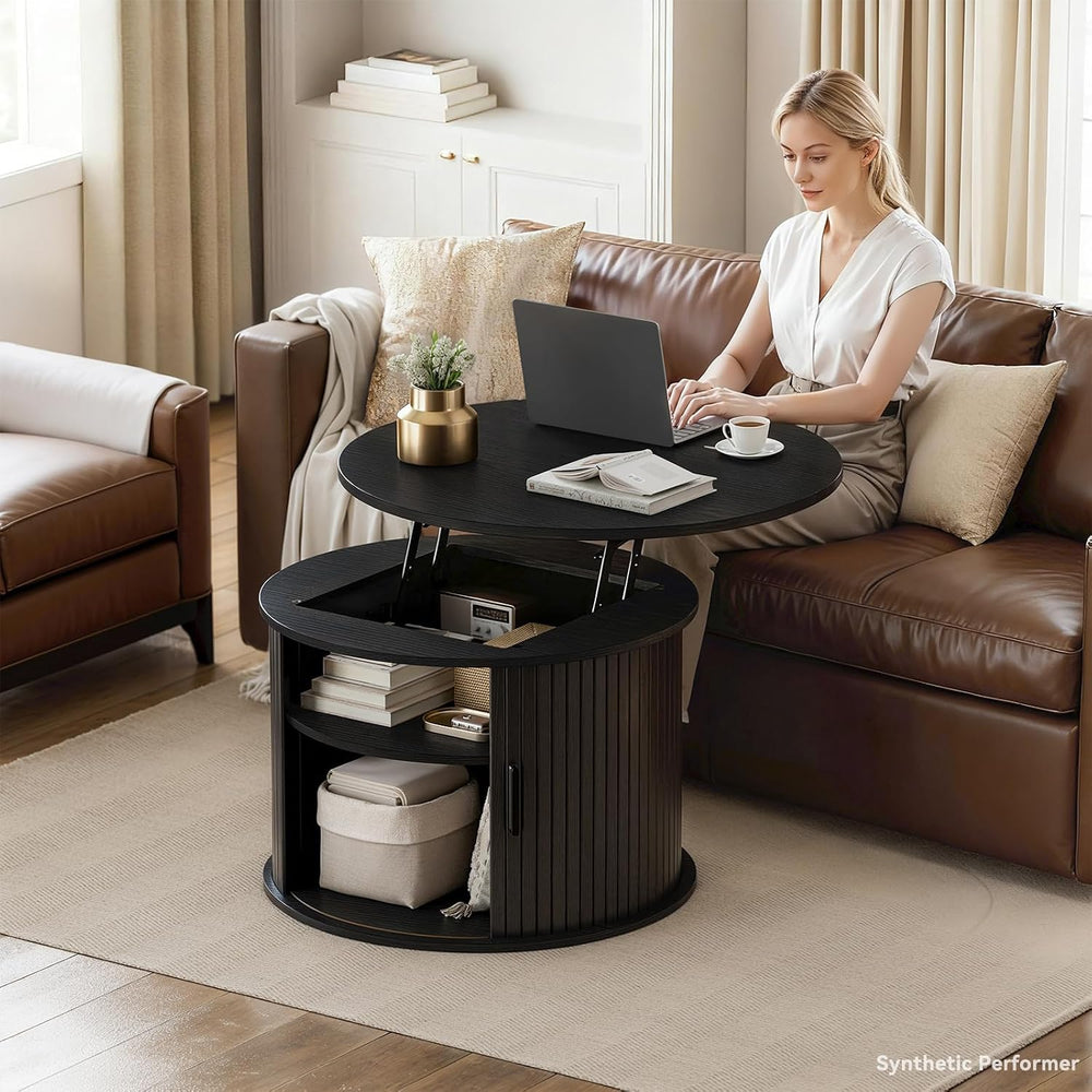 FABATO Round Lift Top Coffee Table Fluted Drum Table Sliding Door, Black