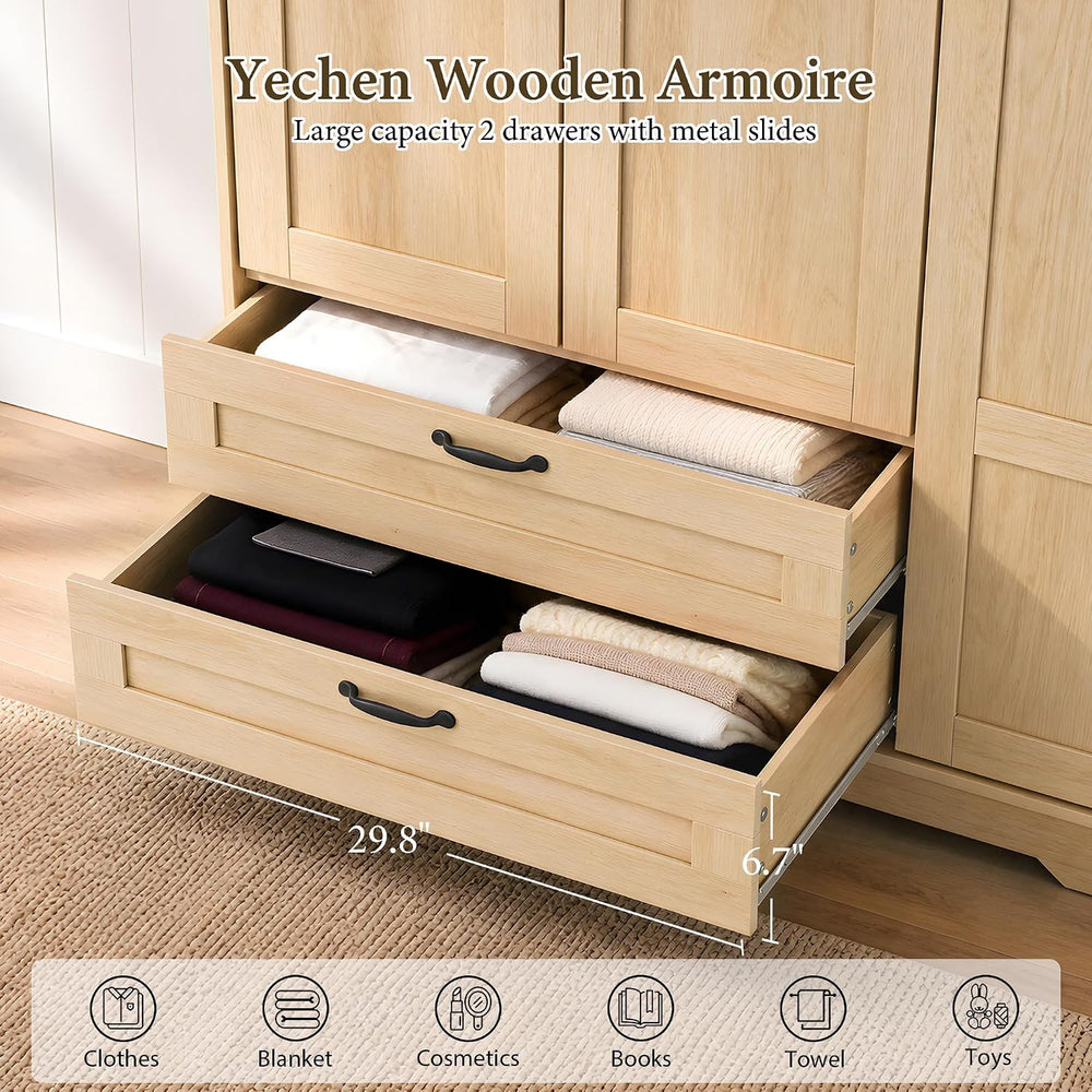 Yechen 62" Wooden Armoire Wardrobe Closet with 3 Doors & 2 Drawers, ...