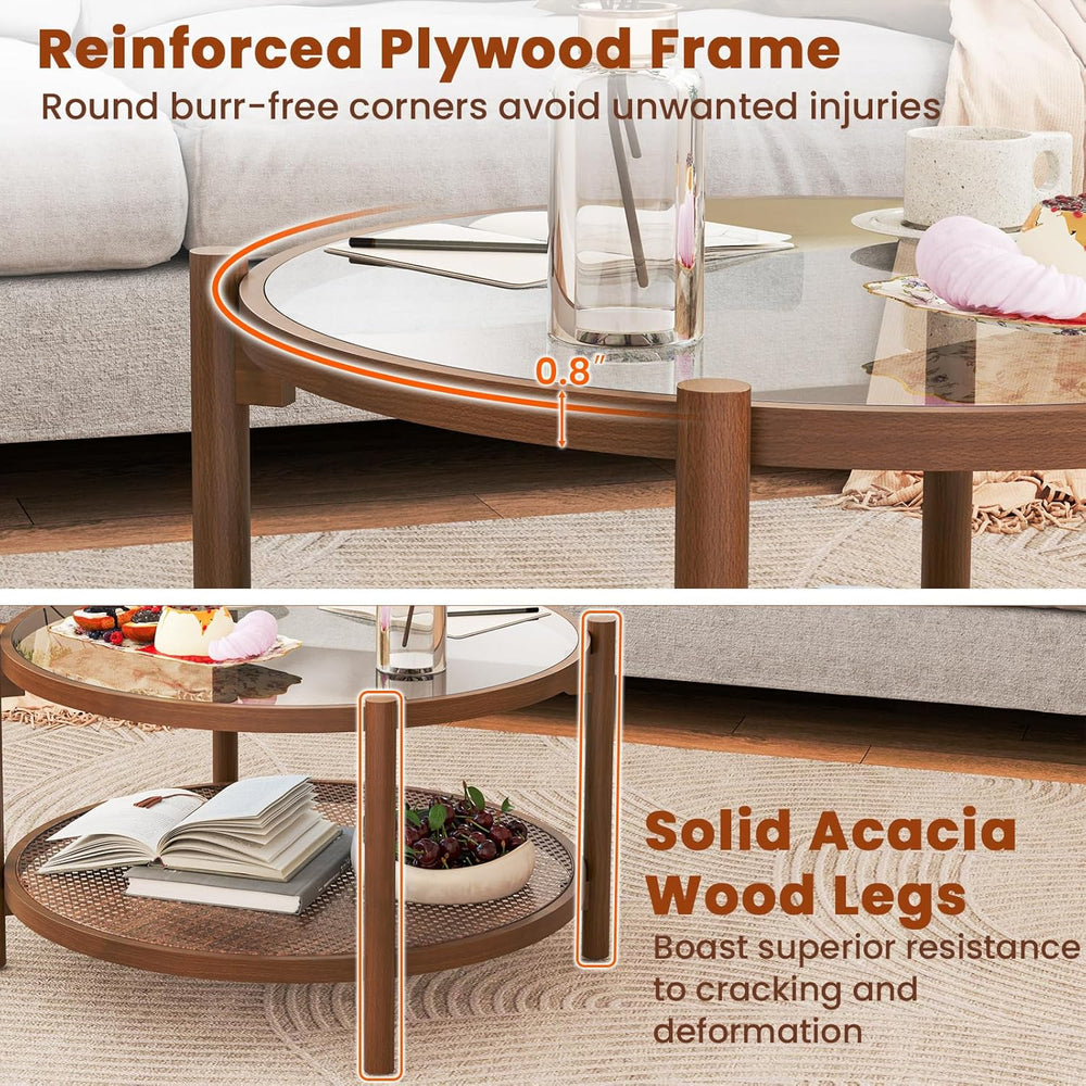GIANTEX Rattan Coffee Table, Boho Round Glass Tea Table with PE Rattan Storag...