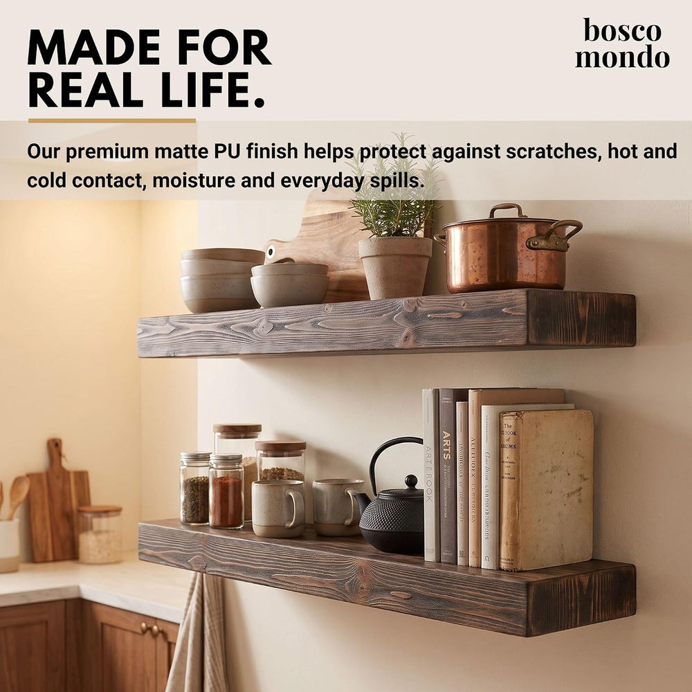 3 Inch Thick Floating Shelves, Solid Pine Wood, 8 Inch Deep, Set of 2