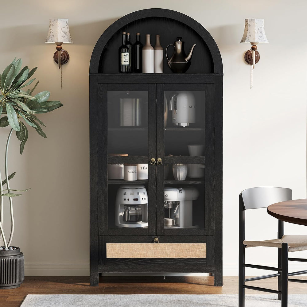 71” Tall Arched Kitchen Pantry Cabinet, Hutch Storage, Black