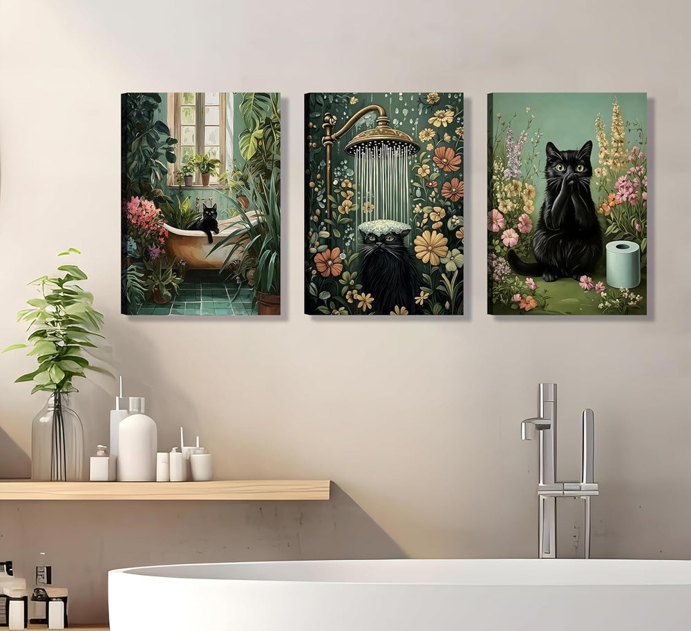 3pcs Framed Black Cat Bathroom Wall Art 12x16 inches Can Be Hung Directly