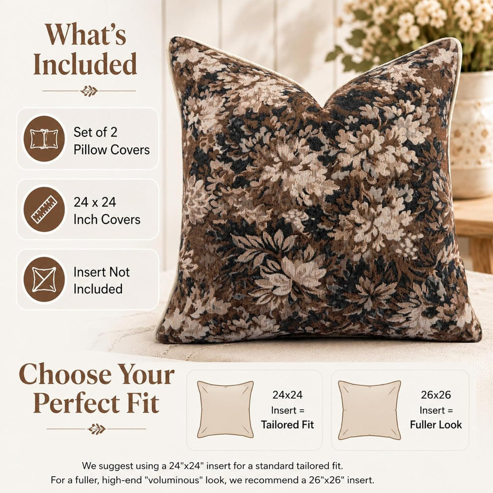 CROWNED BEAUTY Farmhouse Floral Throw Pillow Covers, 24x24, Brown, Set of 2
