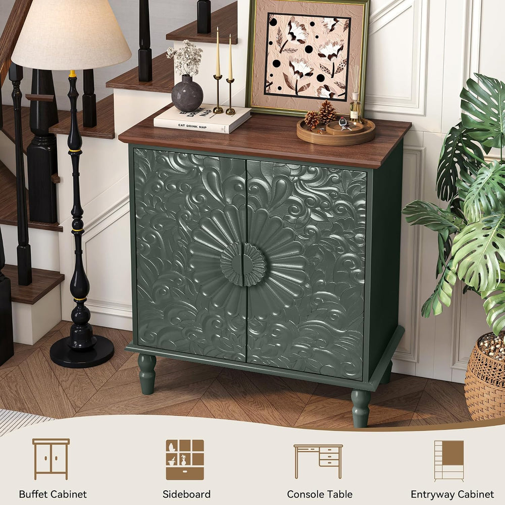 Accent Cabinet with 2 Embossed Flowers Doors for Living Room