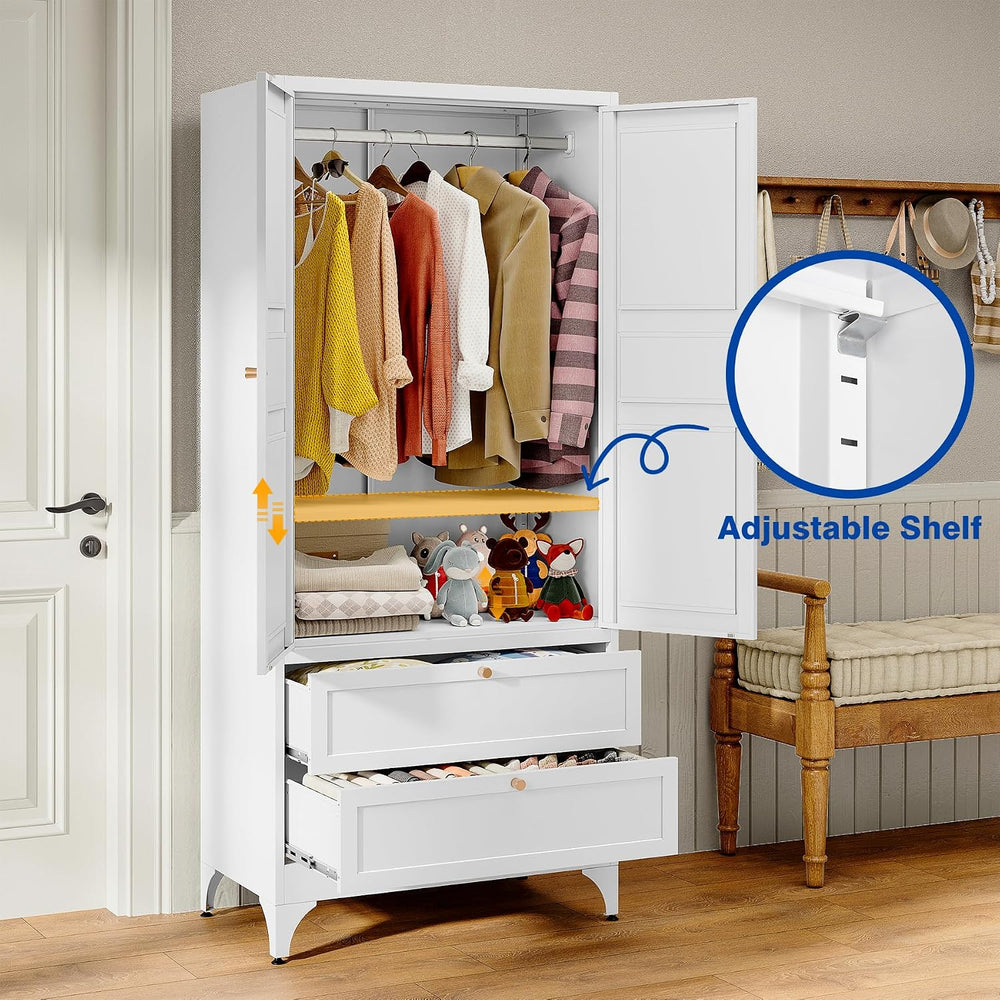 BYNSOE 71" Tall Metal Wardrobe Closet with 2 Drawers, Steel Armoire Cabi...