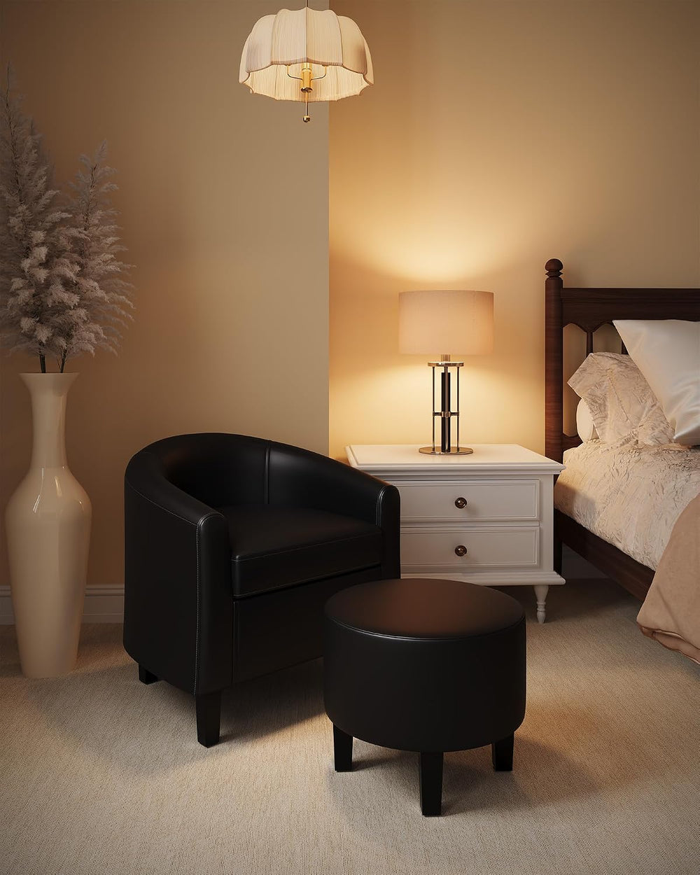 GarveeHome Chair and Ottoman Set, PU Leather Barrel Chair, Small Chair for Be...