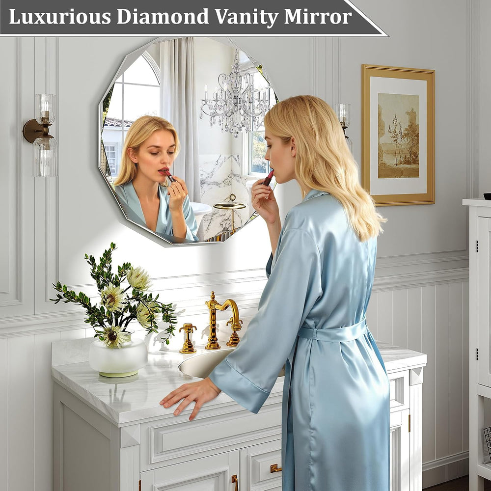 Krymnar 30x30 Inch Round Beveled Bathroom Mirror, Circle Frameless Copper-Fre...
