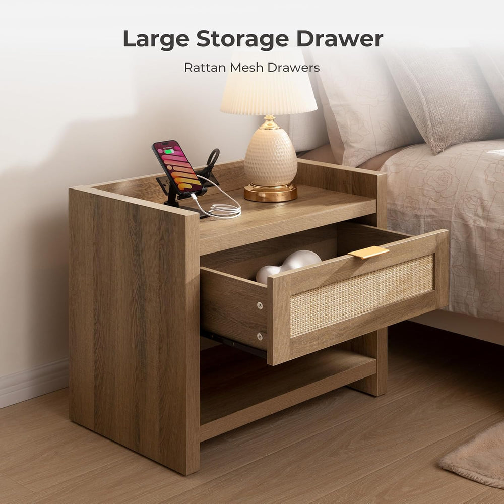 SICOTAS Rattan Night Stand Set of 2, Bedside Table with Large Drawer