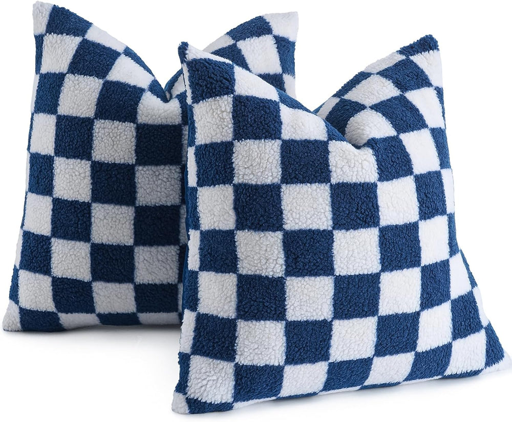 AmHoo 2 Pack Checkerboard Throw Pillow Covers 24x24 Inch Navy Blue