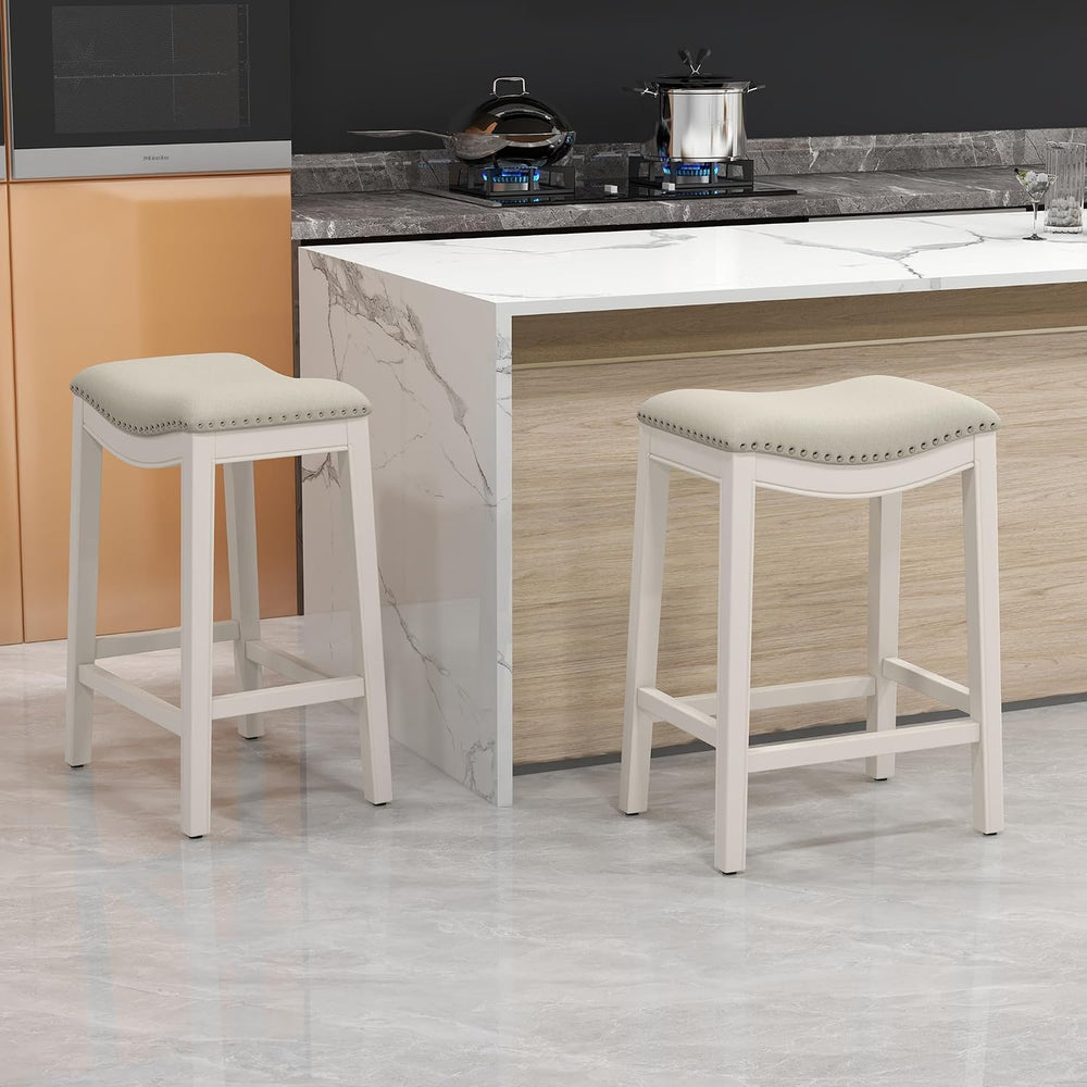 27" Backless Saddle Counter Stools Set of 2, Hand-brushed Wood Finish Legs
