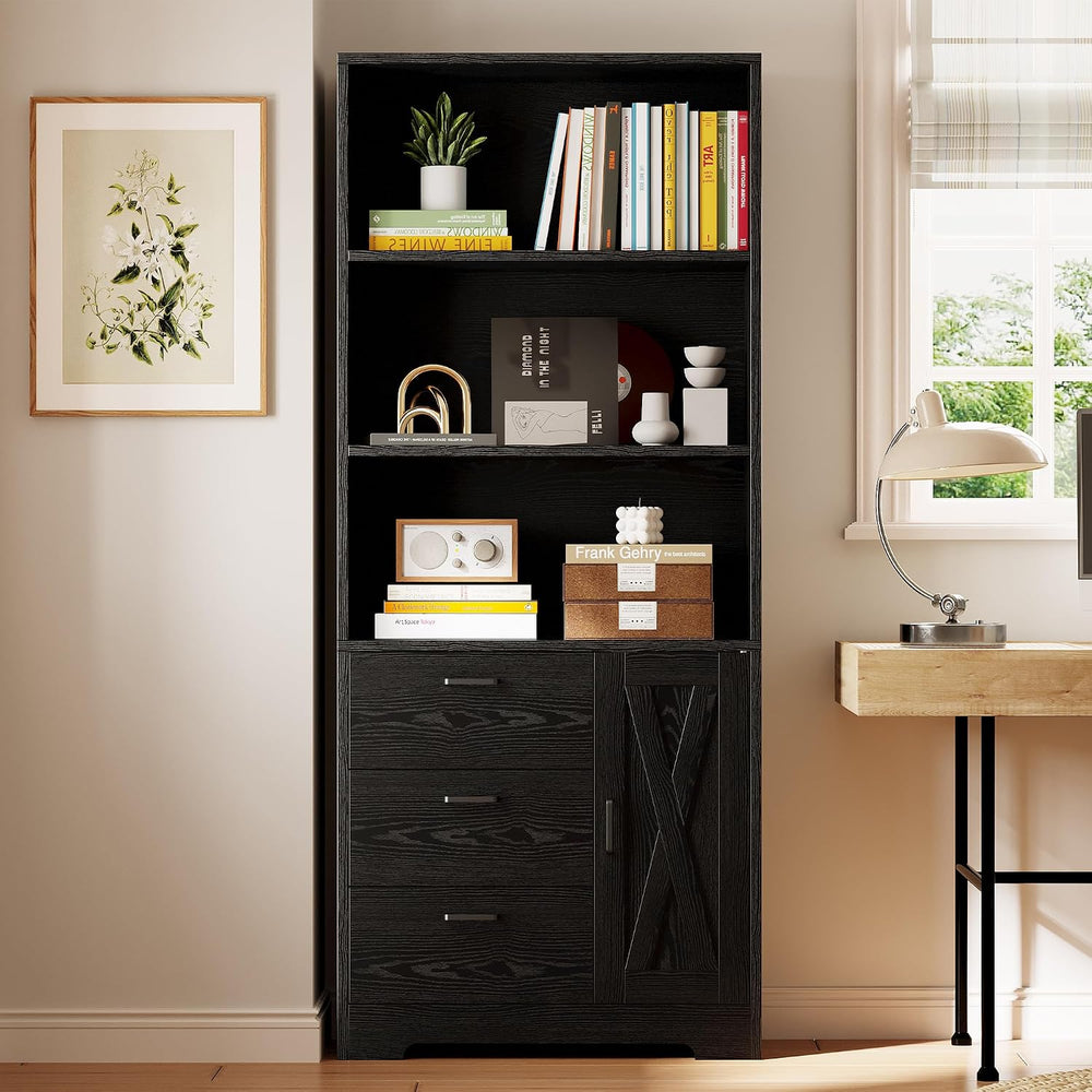 IRONCK 71 in Bookshelf with Doors and Drawers, Industrial Tall Bookcase