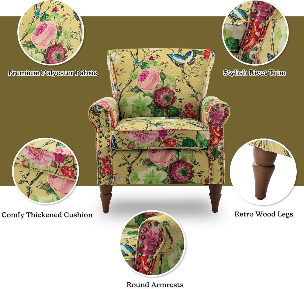 HULALA HOME Traditional Floral Accent Chair with Solid Wood Legs, Mustard