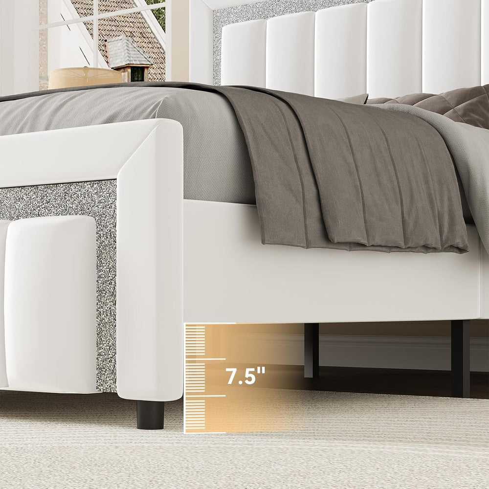 HOMBCK Full Size Bed Frame with Velvet Upholstered Headboard, White