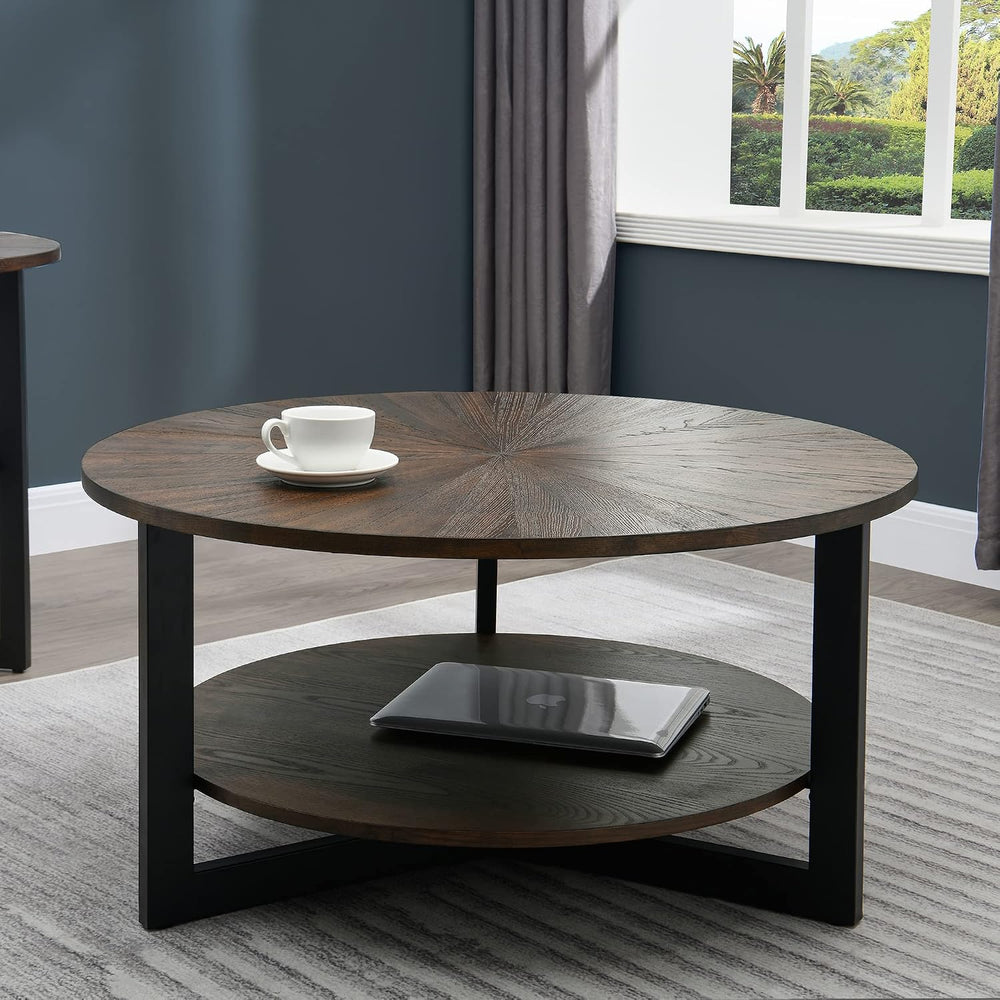Round Coffee Table with Storage Shelf, Farmhouse Living Room Cocktail Black M...