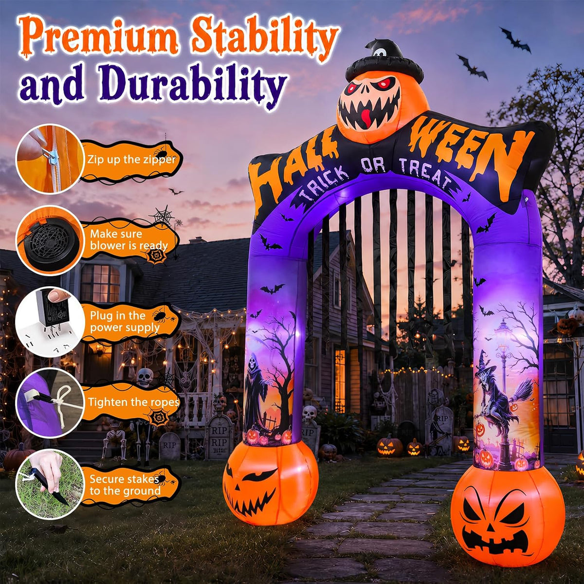 10 FT Halloween Inflatable Archway, Built-in LED Lights, Blow Up Outdoor Yard Decoration with Grim Reaper Witch Bat Patterns for Front Lawn Garden Party Décor Outdoor Holiday Party