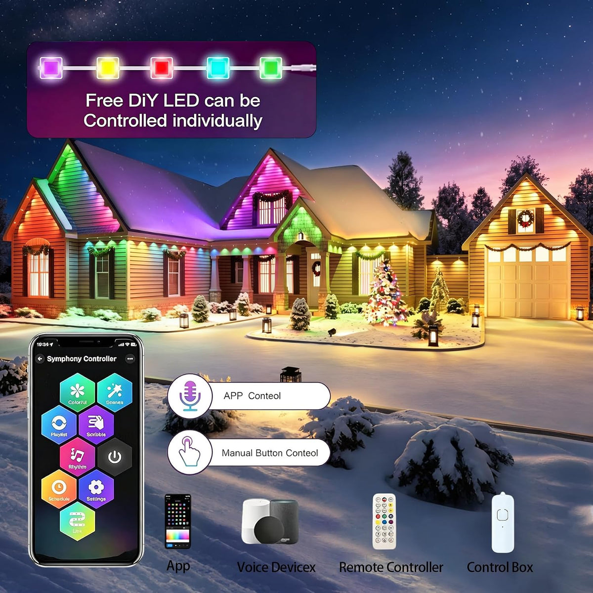 Permanent Outdoor Lights 150ft RGB+IC Outdoor String Lights App&Voice Control,IP67 Waterproof,100 Scene Modes Decoration for Home Christmas,Halloween,Holiday Decor,Timer Function