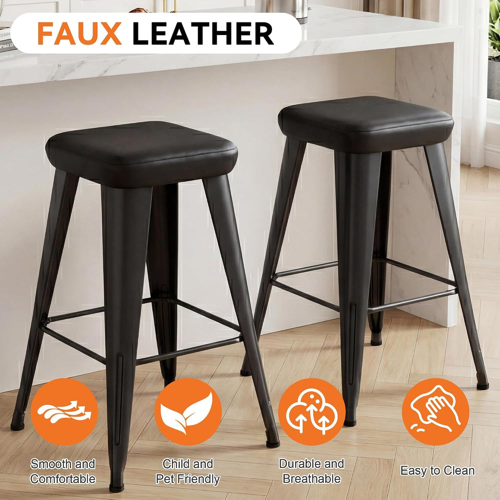 Aklaus PU Leather Metal Bar Stools 26 inch Faux Leather Counter Height Barsto...