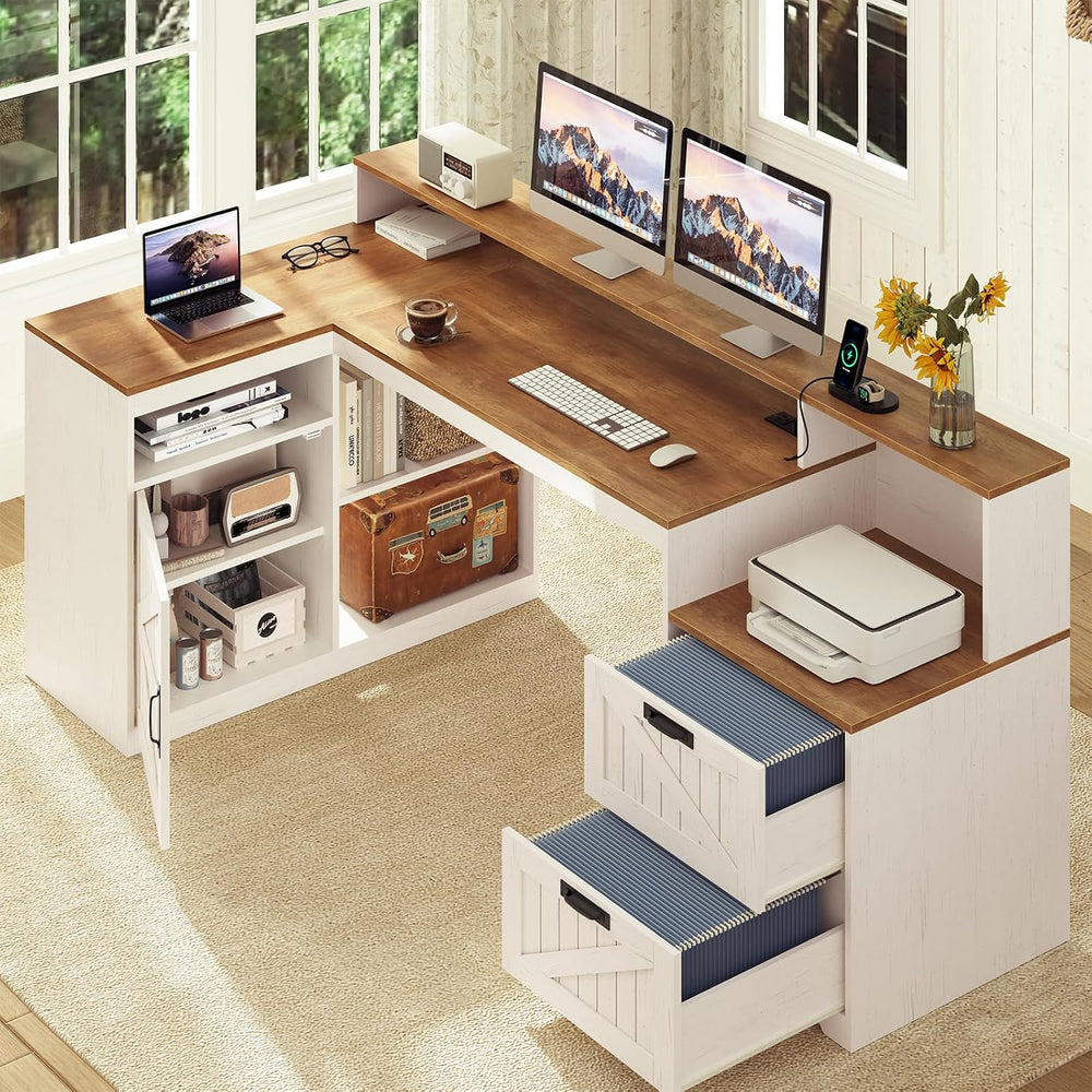 63" Farmhouse L Shaped Desk with Drawers and Printer Stand for Home Office