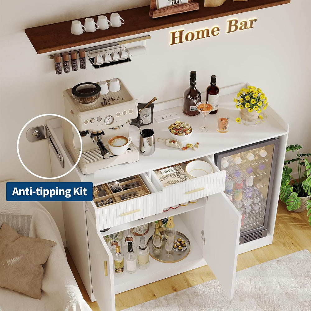 Coffee Bar Cabinet with Fridge Space, Fluted Wine Cabinet with Power Outlet
