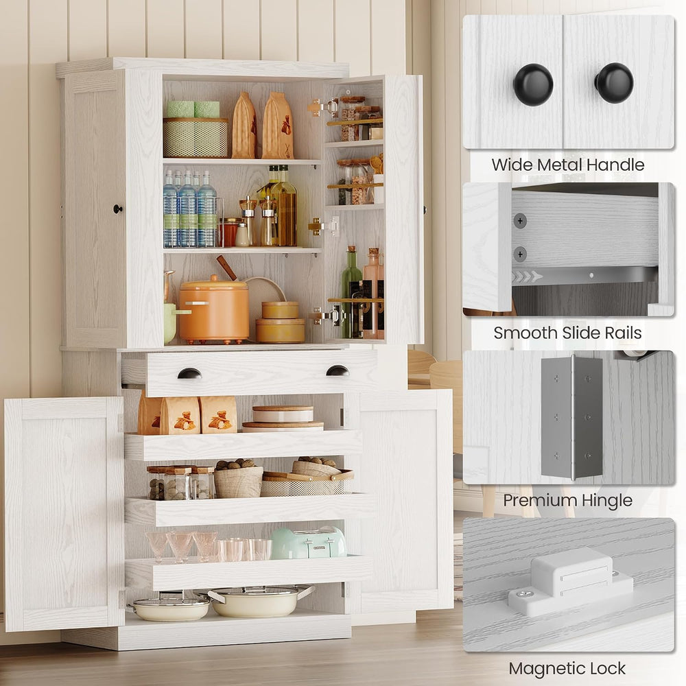 IRONCK 72" Kitchen Pantry Cabinet with Drawer and Sliding Racks, White