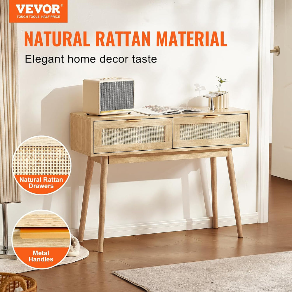 VEVOR Rattan Console Table with 2 Storage Drawers, Rattan Entryway Table with...