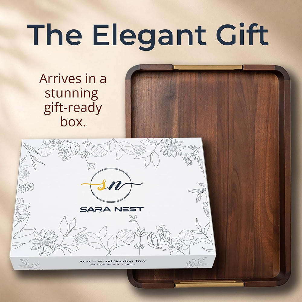 100% Acacia Wooden Serving Tray with Gold-Tone Aluminum Handles