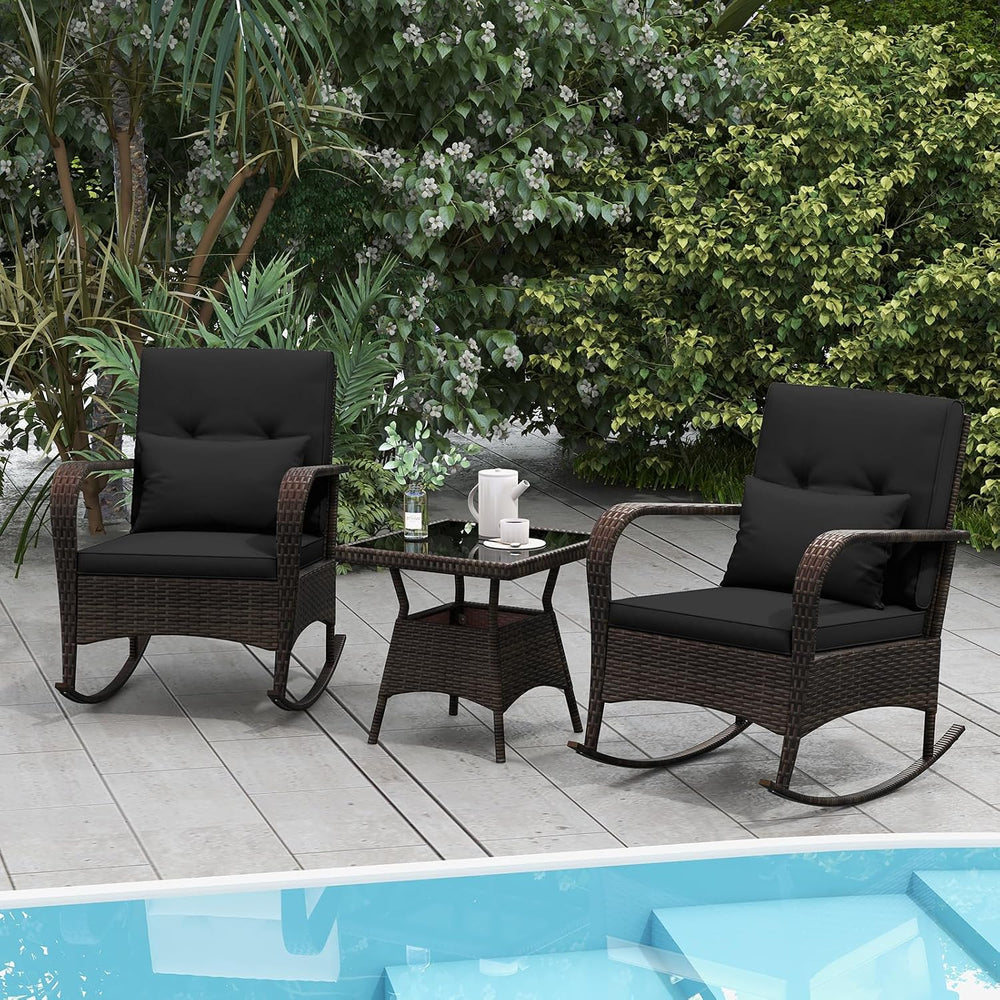 ORALNER 3 Pieces Outdoor Wicker Rocking Chair, Patio Furniture Set (Black)
