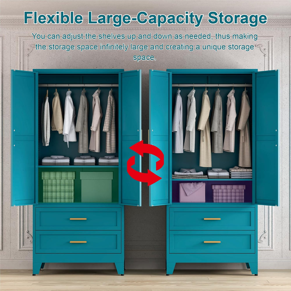 Washsemba 71'' Farmhouse Metal Wardrobe Cabinet with Hanging Rod, 2 B...
