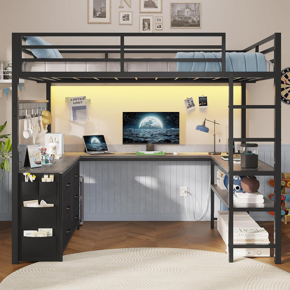 ADORNEVE Loft Bed Full Size with U-Shaped Desk, 6 Storage Drawers, Grey
