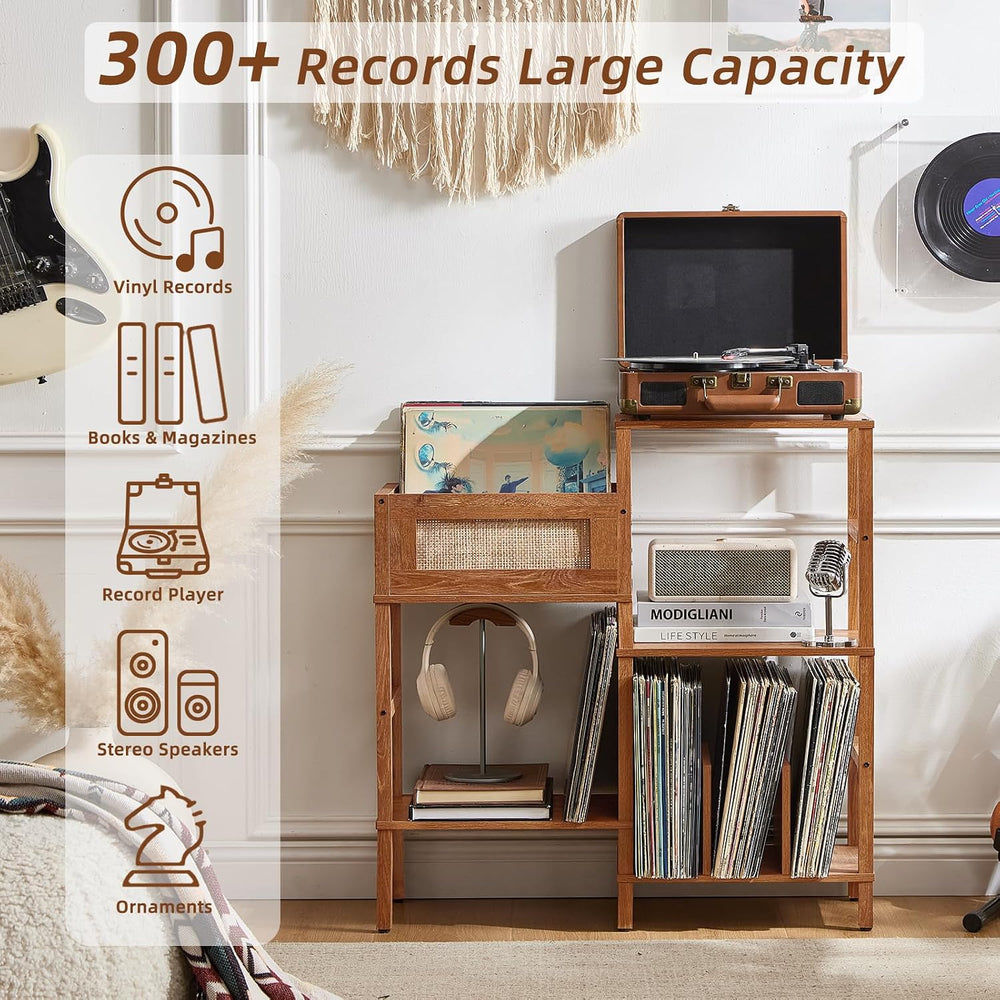 LELELINKY Record Player Stand, Brown Wood Record Holder with Vinyl Storage Ho...